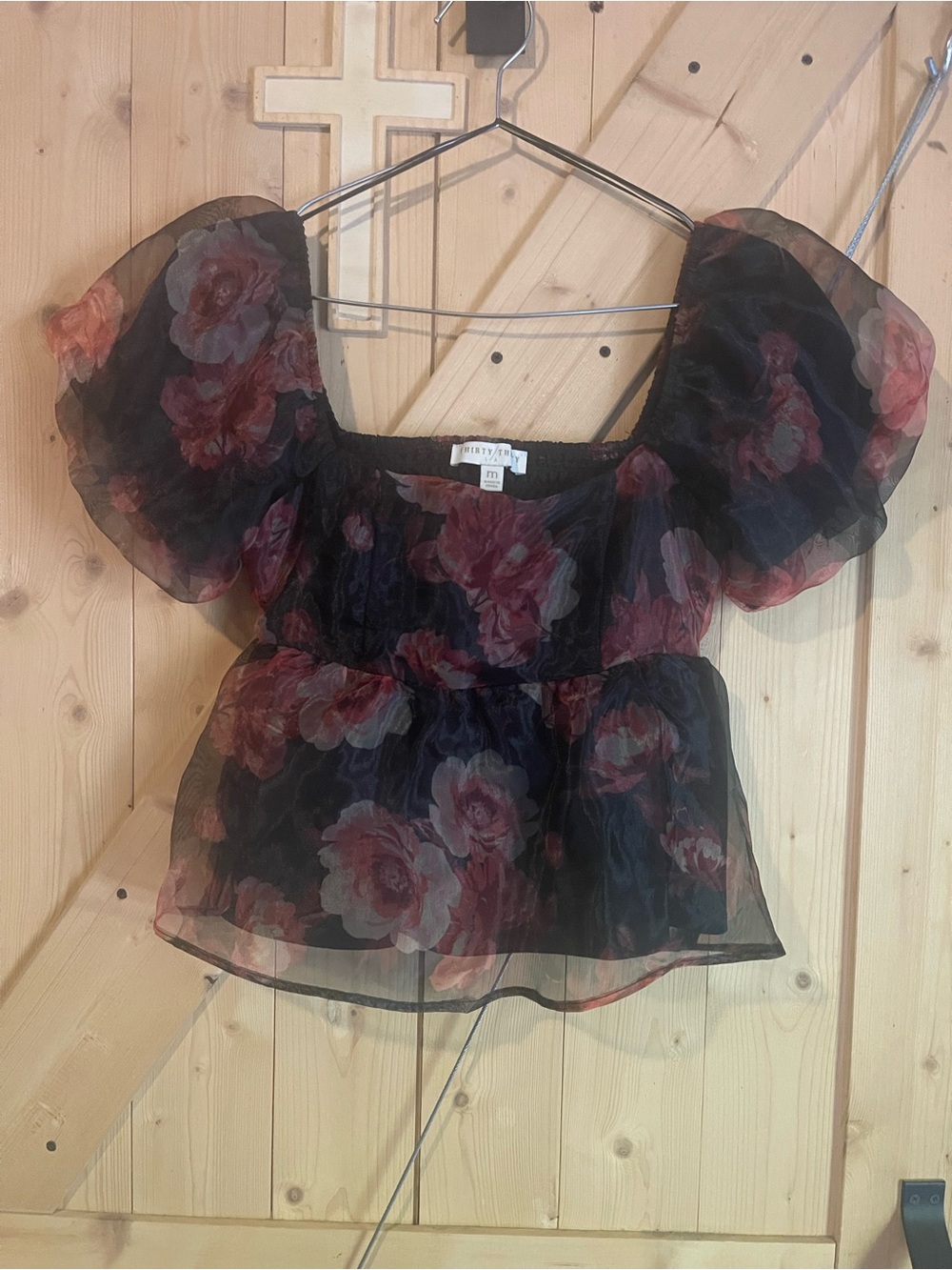 Floral Puff-Sleeve Sheer Blouse - Black with Rose Print